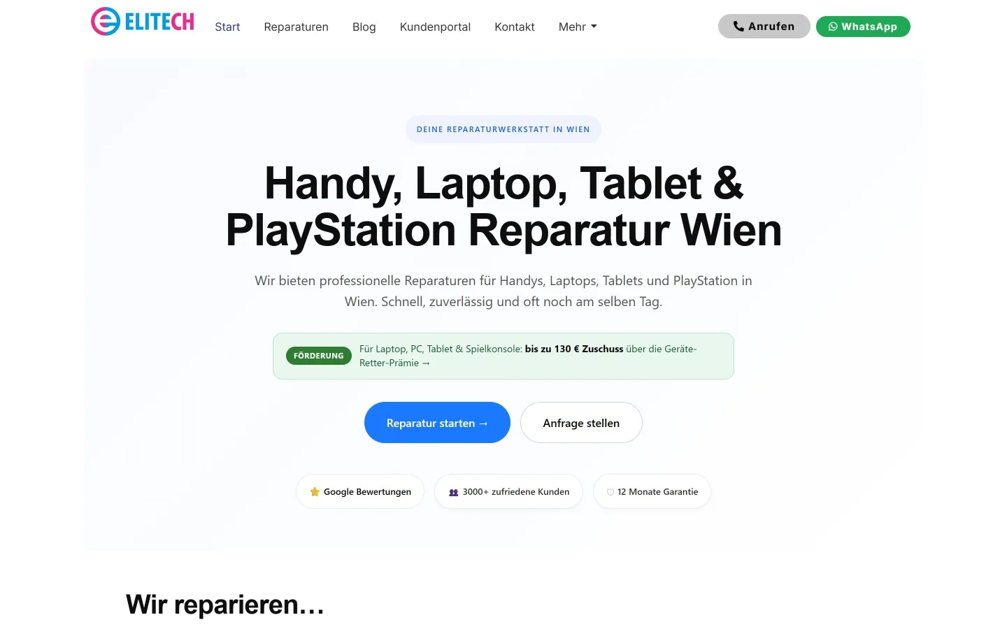 Startseite von elitech-repair.at am Desktop: Kopfzeile und Bühne mit dem Reparaturangebot für Handy, Laptop, Tablet und Spielkonsole