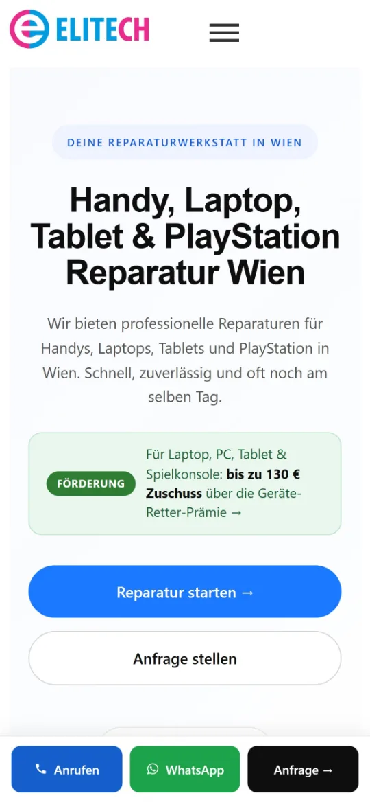 Startseite von elitech-repair.at am Telefon: Überschrift „Handy, Laptop, Tablet & PlayStation Reparatur Wien“ und die Schaltflächen „Reparatur starten“ und „Anfrage stellen“