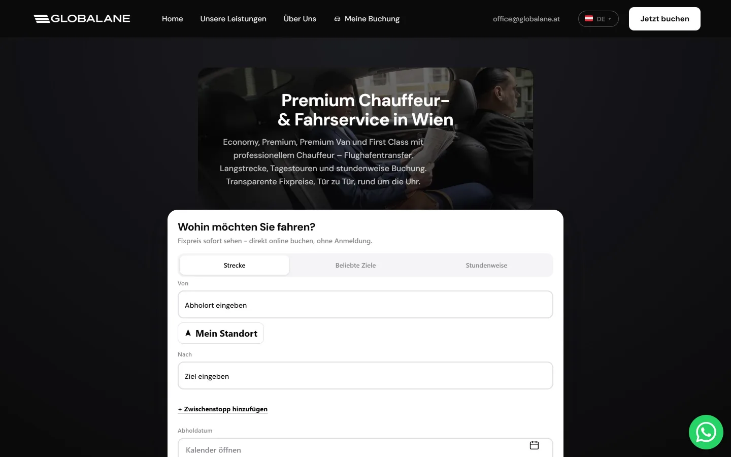 Startseite von globalane.at am Desktop: Kopfzeile, Bühne mit dem Chauffeur-Angebot und der Fixpreisrechner „Wohin möchten Sie fahren?“