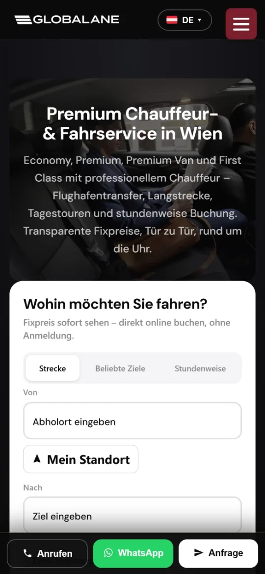 Startseite von globalane.at am Telefon: Bühne mit dem Chauffeur-Angebot und der Beginn des Fixpreisrechners